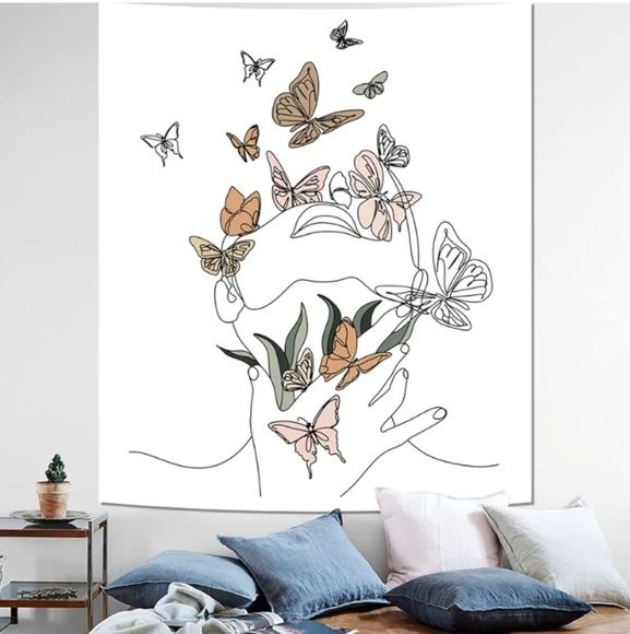 Line Art White Floral Wall Butterfly Tapestry Woman Abstract Face Butterflies - Picture 6 of 9